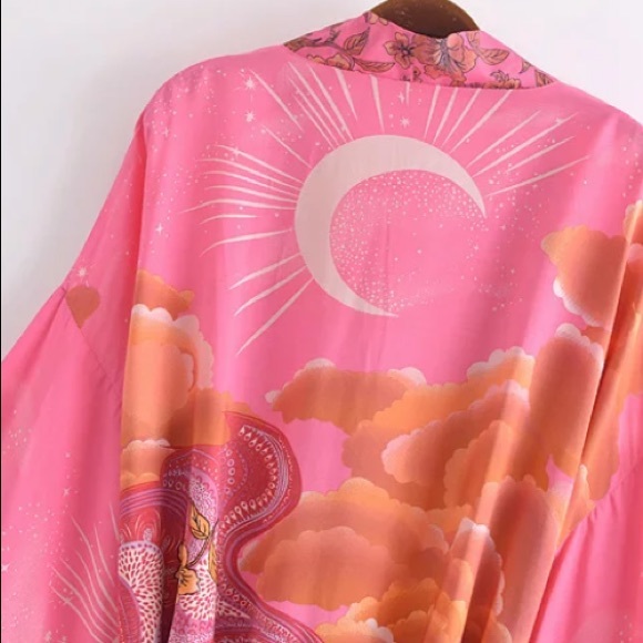 Fuchsia Pink Cosmic Galaxy Moon Boho Short Kimono Coverup Robe - Picture 9 of 10